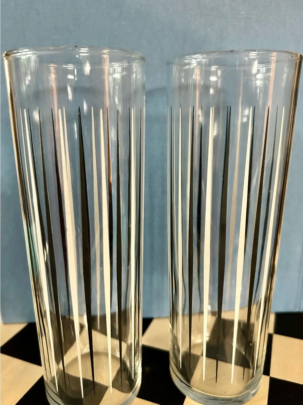 Libbey Clear Tom Collin’s Glass Pair with Black and White Vertical Stripes